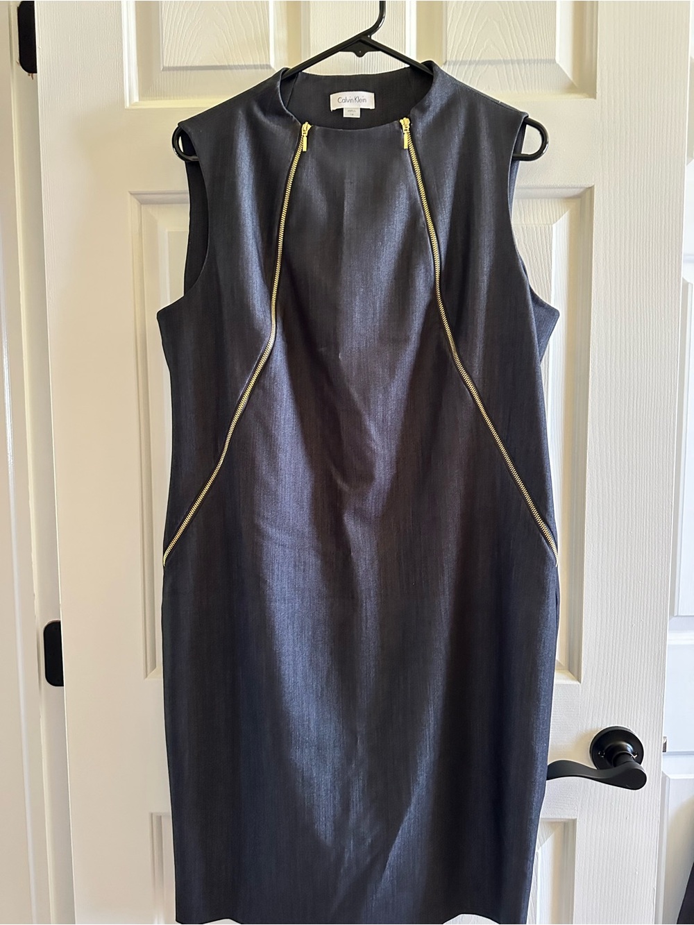 Calvin Klein Charcoal Midi Sheath Dress with Gold Zips